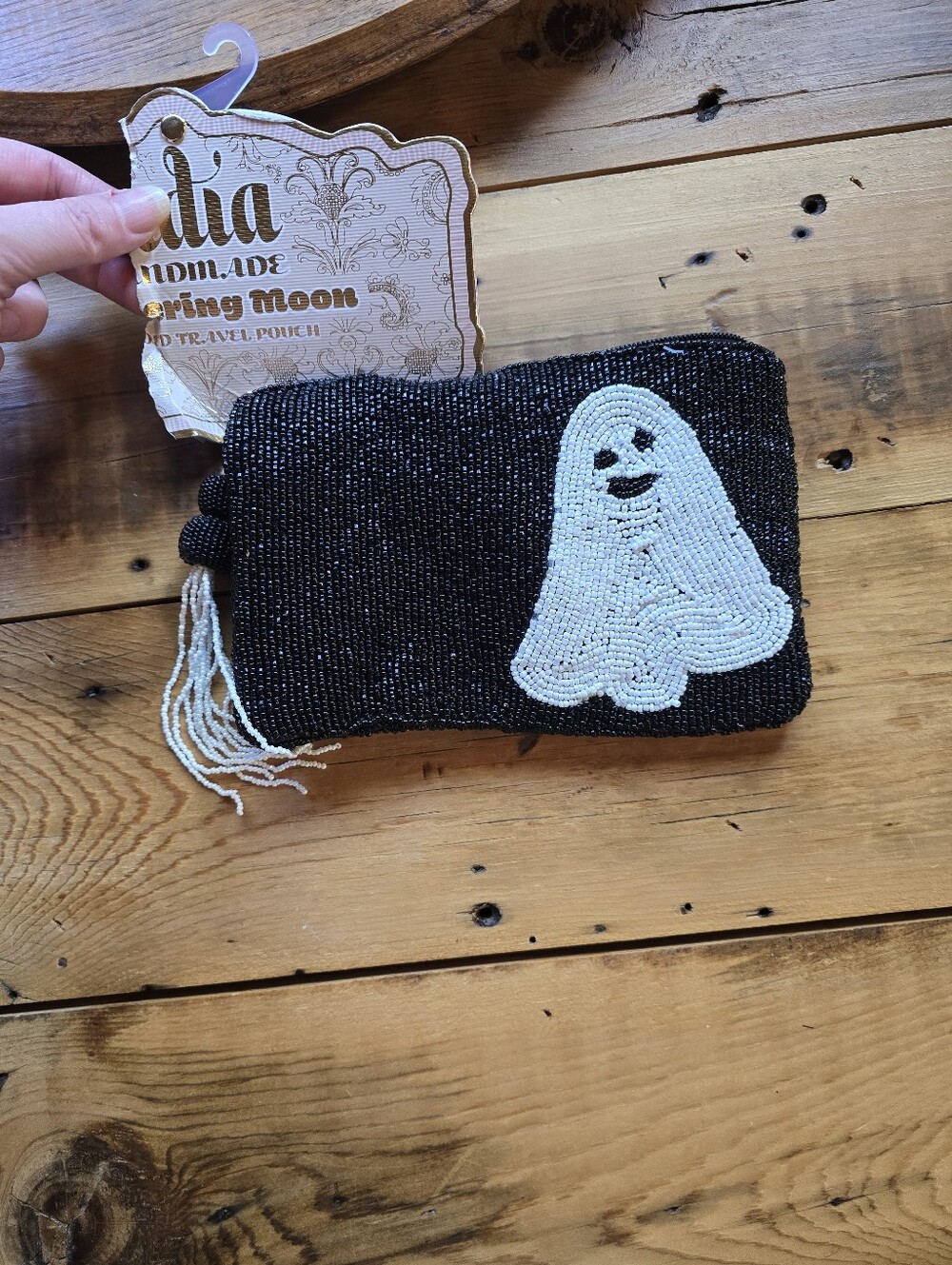 Wandering Moon Ghost Beaded Travel Pouch Black White Halloween Bag NWT - Picture 2 of 4